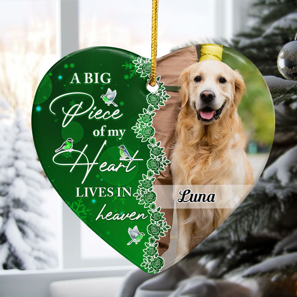 A Big Piece Of My Heart Leaves In Heaven - Personalized Ceramic Photo Ornament