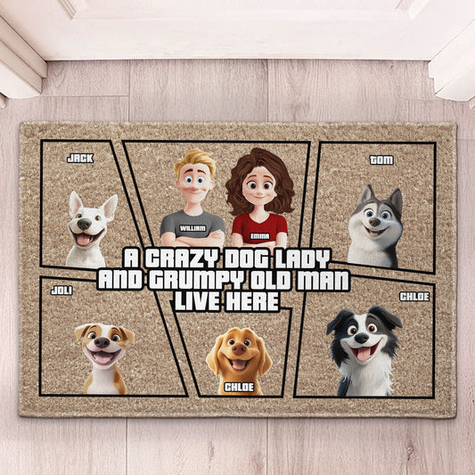 A Crazy Dog Lady And Grumpy Old Man Live Here - Personalized Doormat
