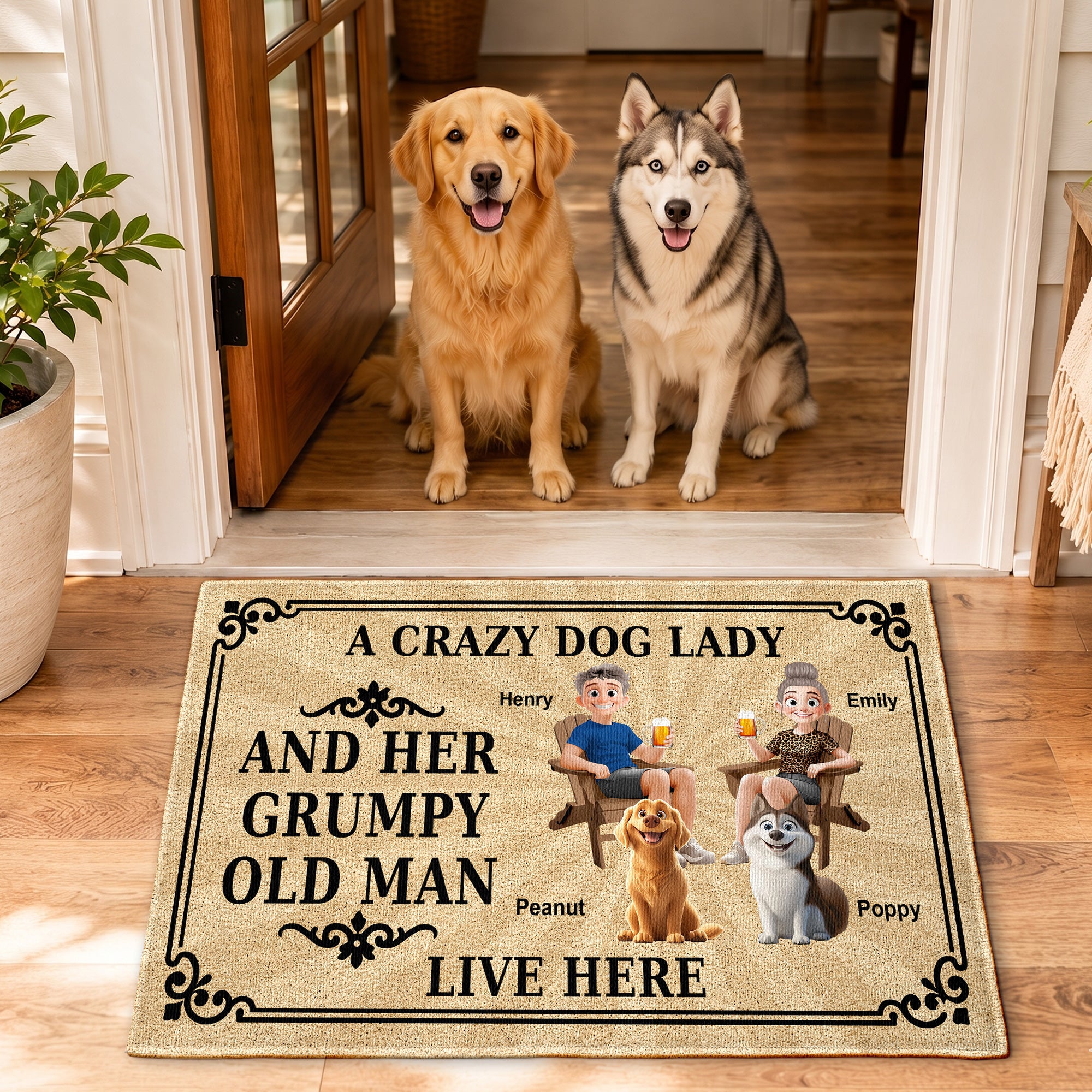 A Crazy Dog Lady And Her Grumpy Old Man Live Here - Personalized Doormat
