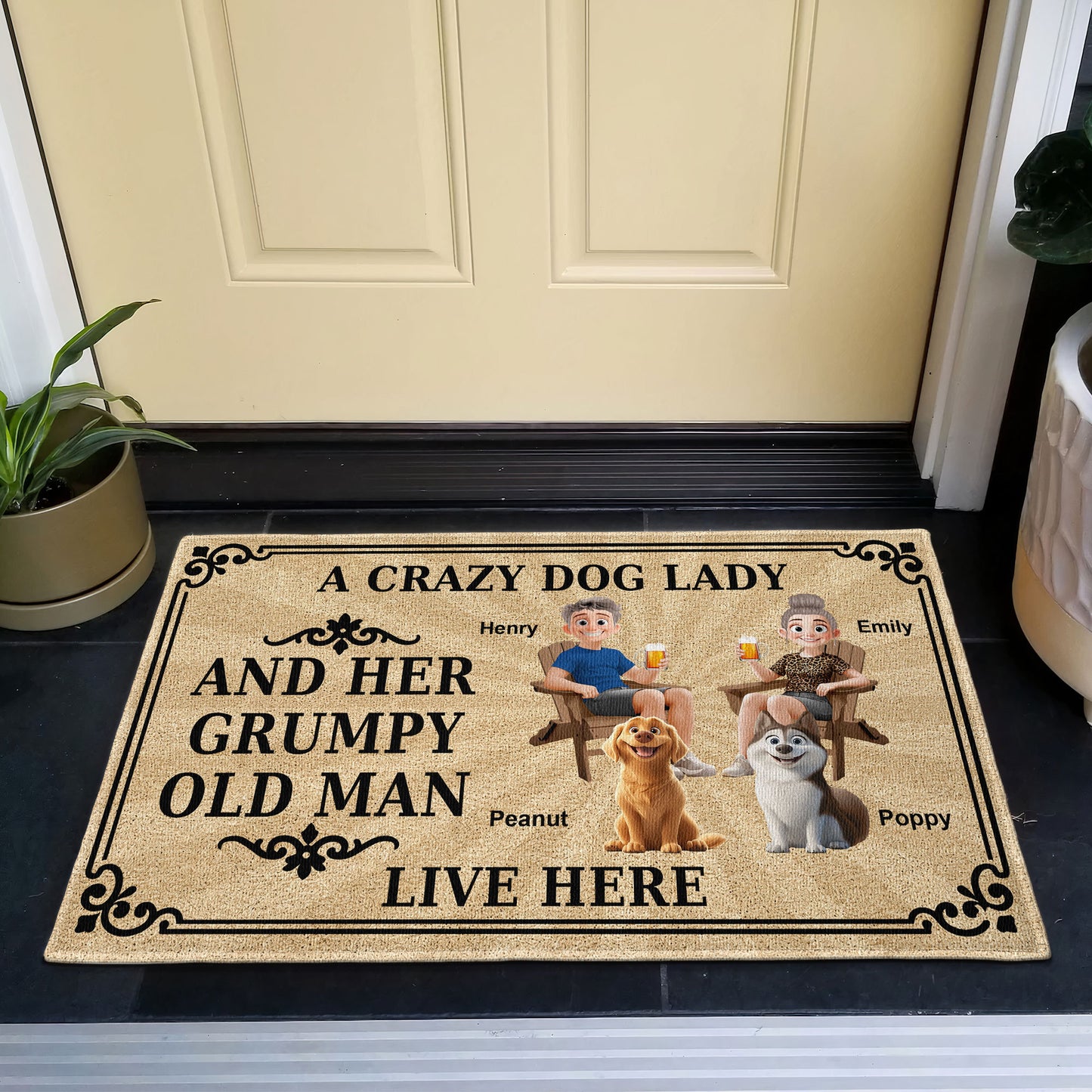 A Crazy Dog Lady And Her Grumpy Old Man Live Here - Personalized Doormat