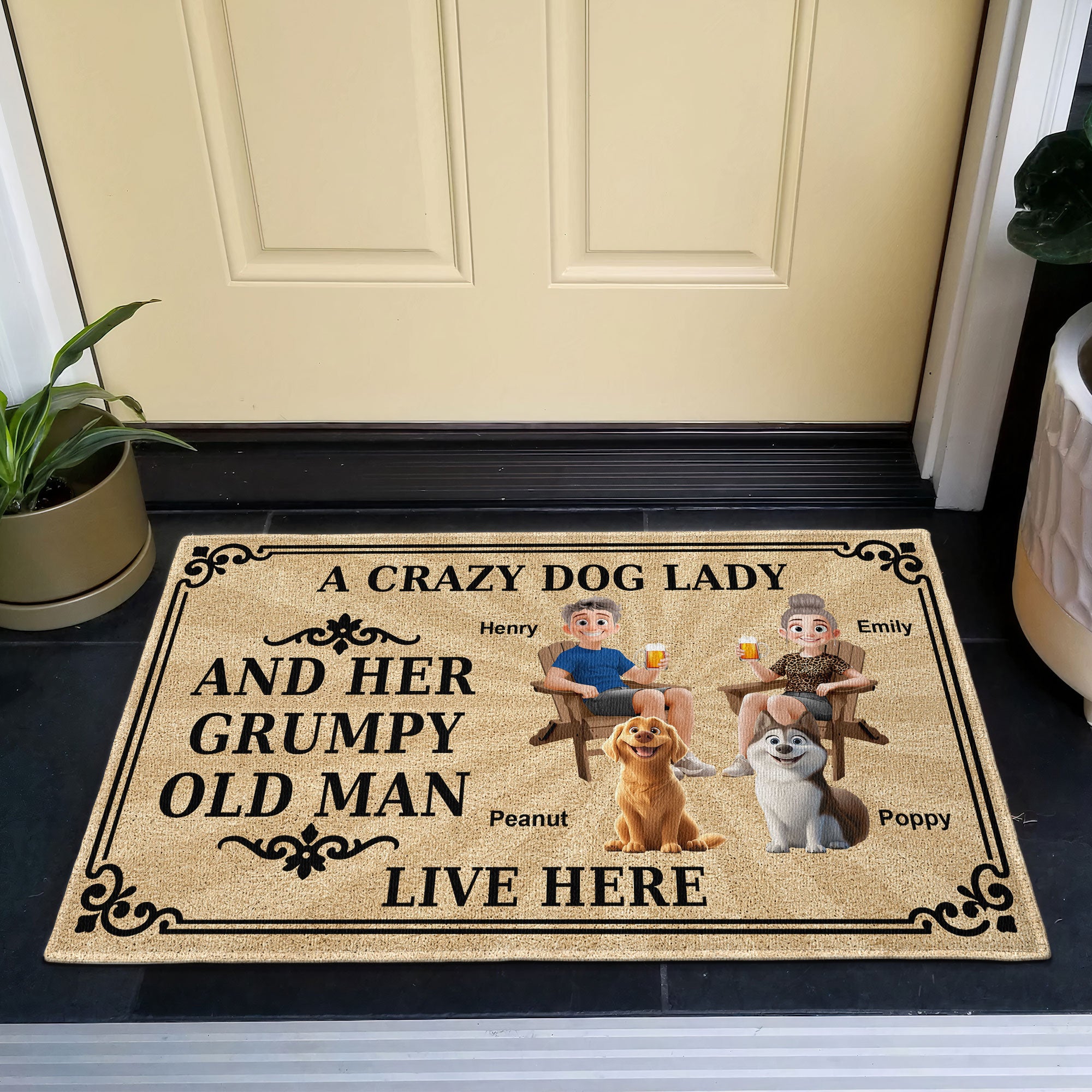 A Crazy Dog Lady And Her Grumpy Old Man Live Here - Personalized Doormat