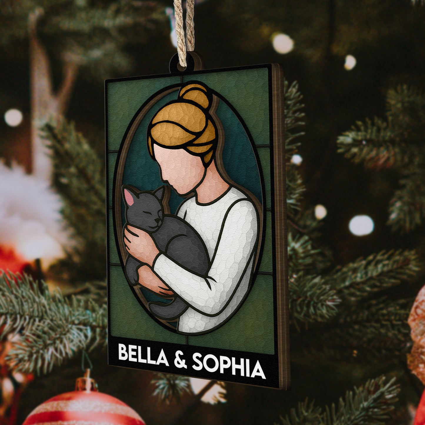 A Girl And Her Cat - Personalized Wooden Ornament