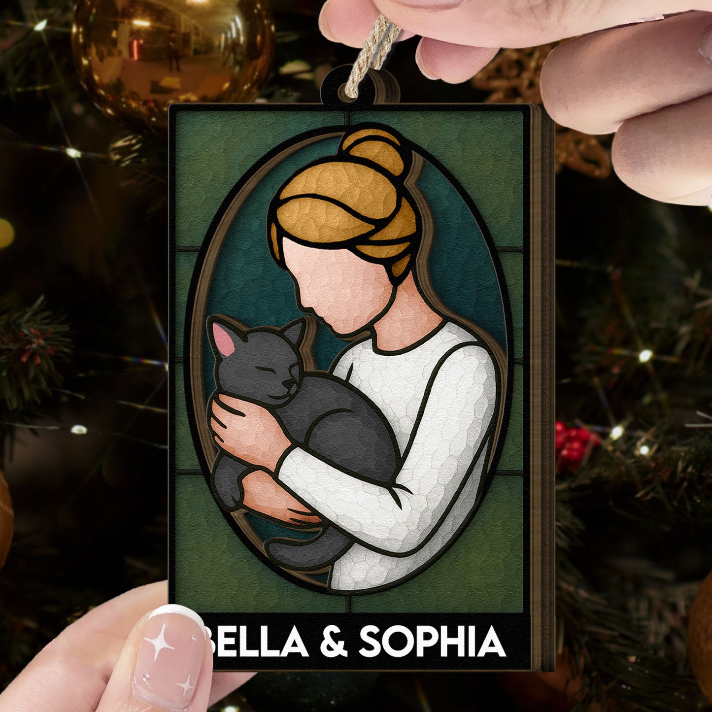 A Girl And Her Cat - Personalized Wooden Ornament