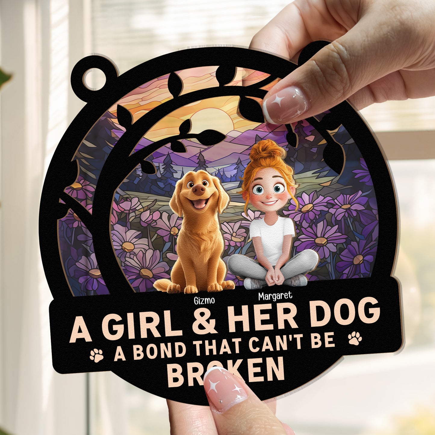 A Girl And Her Dog Funny Version - Personalized Window Hanging Suncatcher Ornament