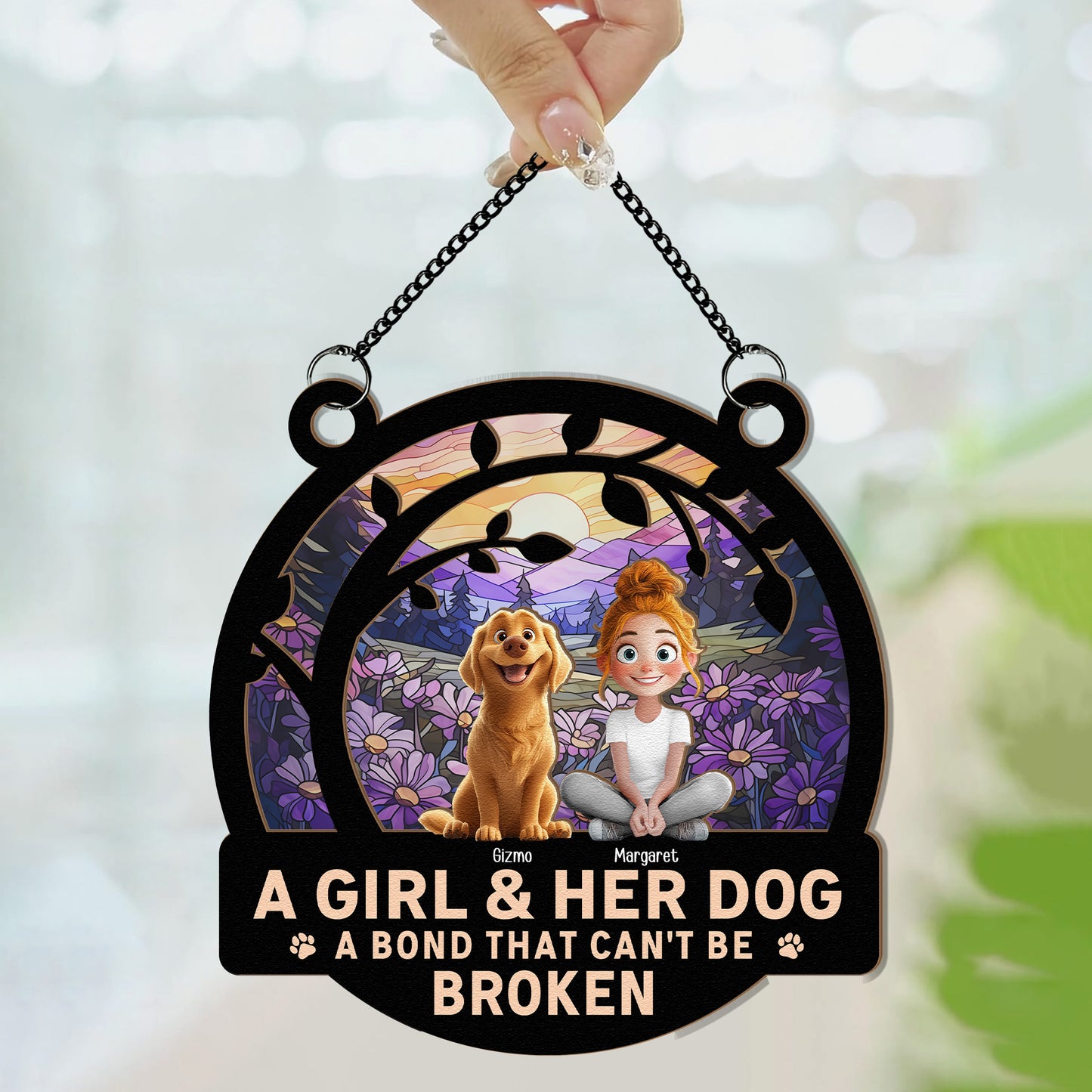 A Girl And Her Dog Funny Version - Personalized Window Hanging Suncatcher Ornament