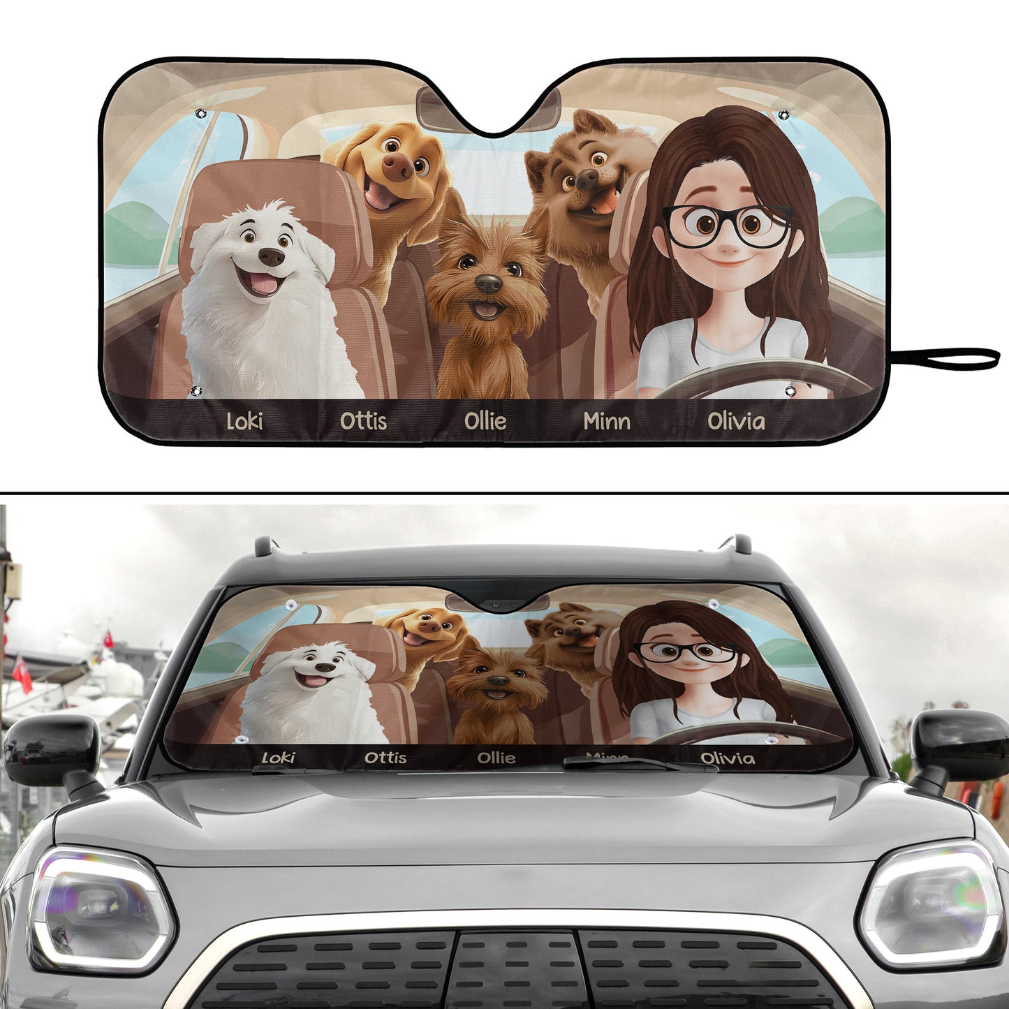 A Girl And Her Dogs - Personalized Car Sun Shade