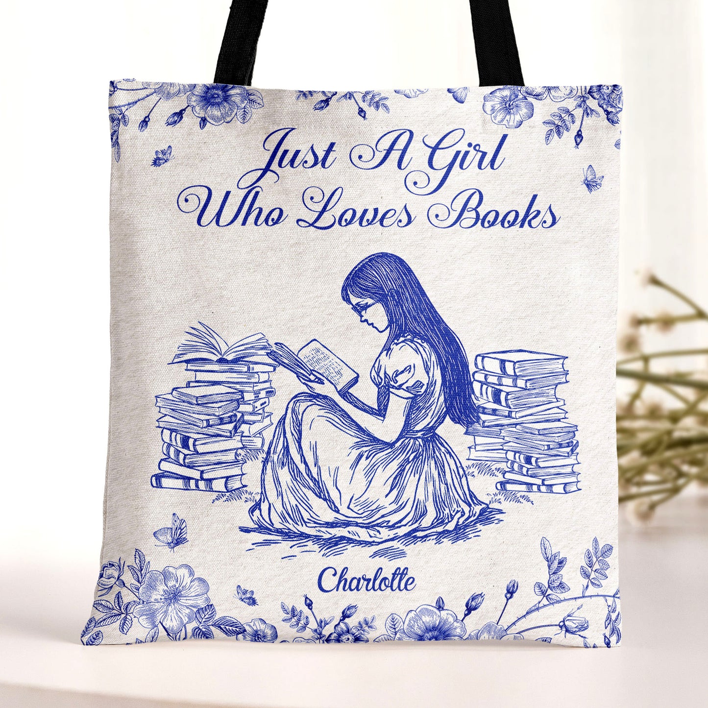 A Girl Who Loves Books Toile De Jouy - Personalized Tote Bag