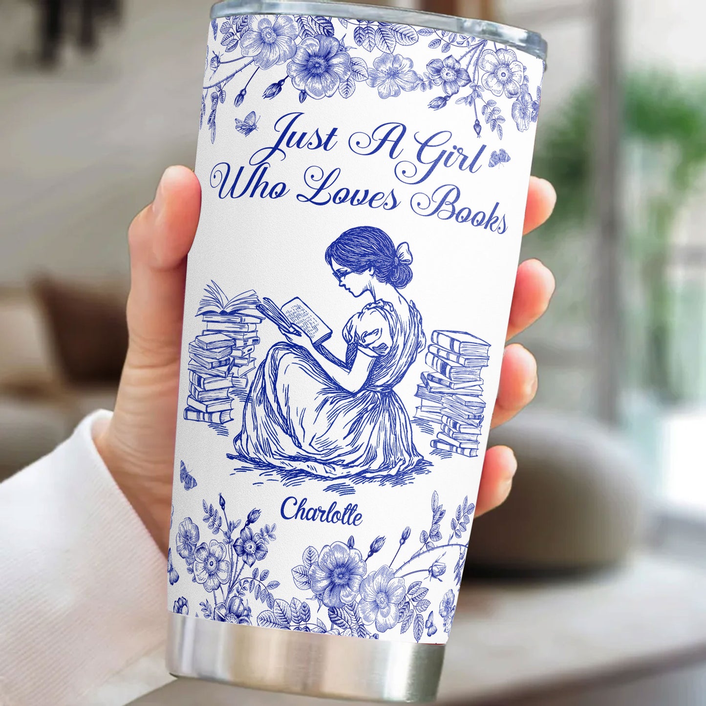 A Girl Who Loves Books Toile De Jouy - Personalized Tumbler Cup