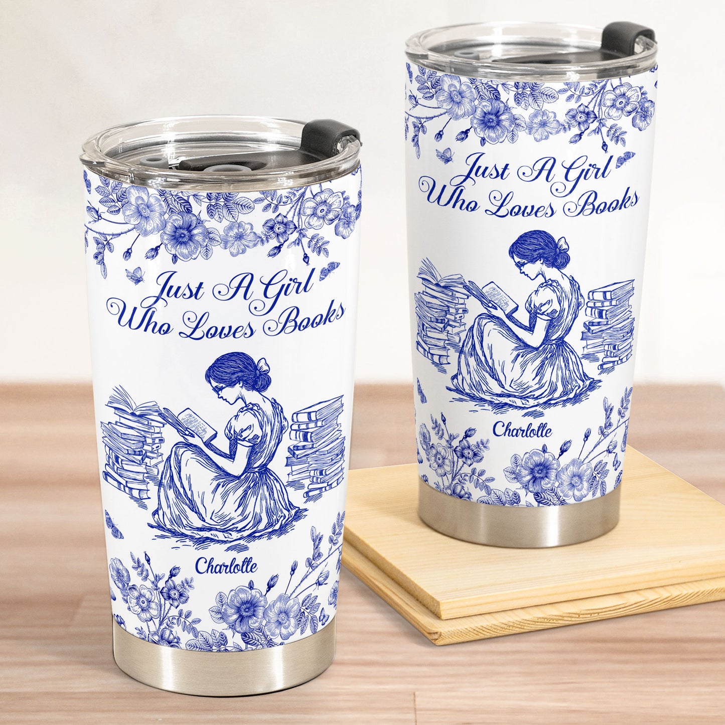 A Girl Who Loves Books Toile De Jouy - Personalized Tumbler Cup