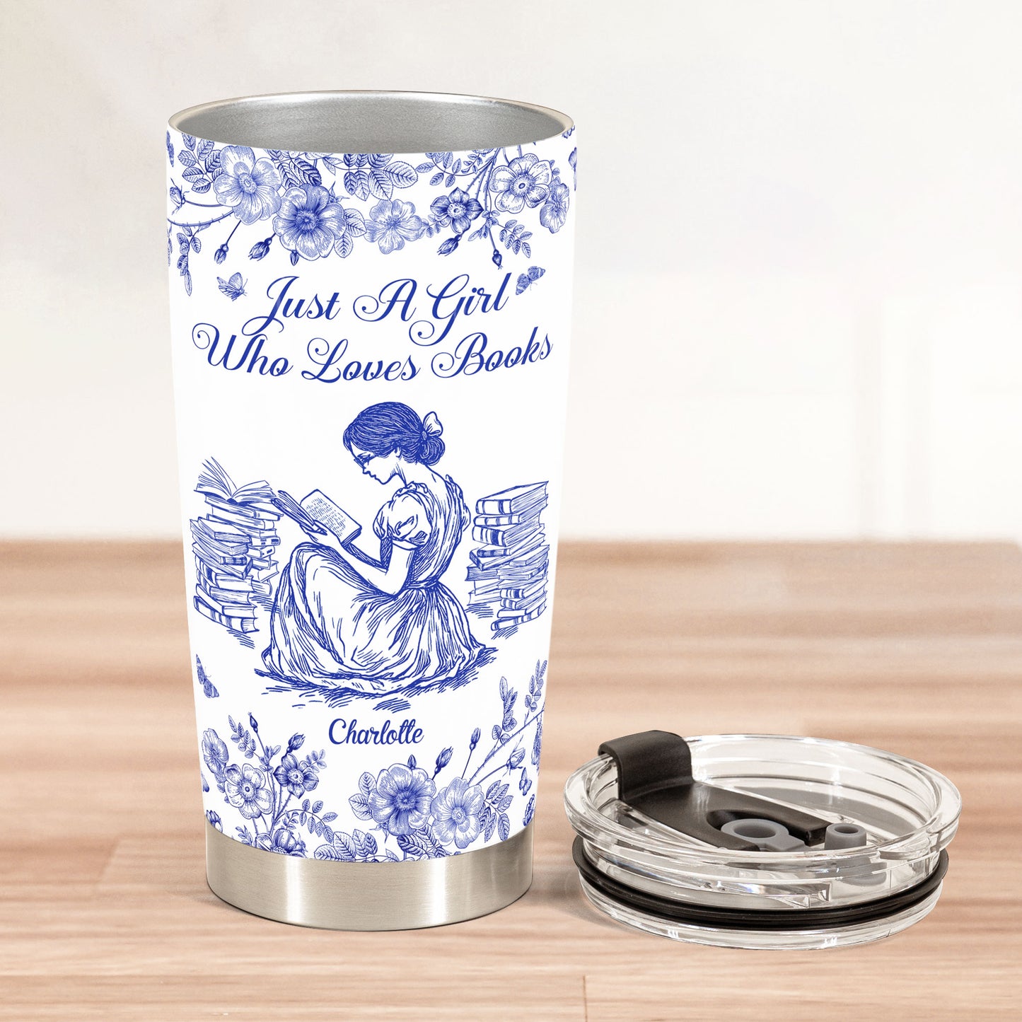 A Girl Who Loves Books Toile De Jouy - Personalized Tumbler Cup