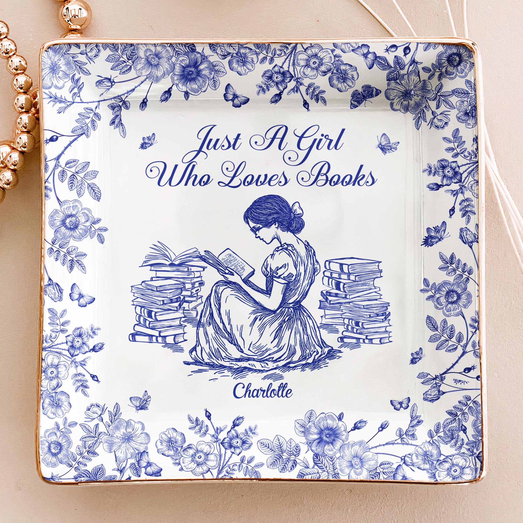 A Girl Who Loves Books Chinoiserie Toile De Jouy - Personalized Jewelry Dish