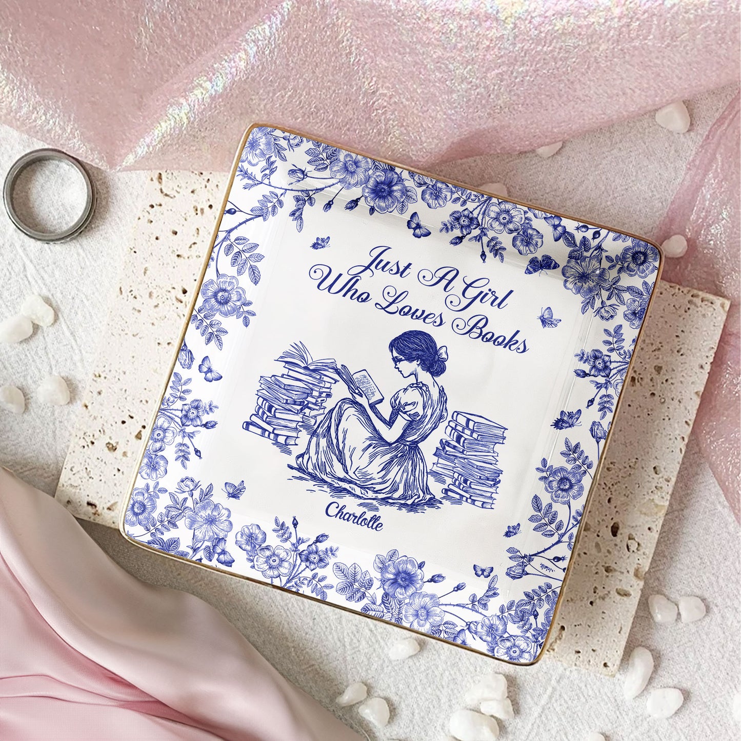 A Girl Who Loves Books Chinoiserie Toile De Jouy - Personalized Jewelry Dish