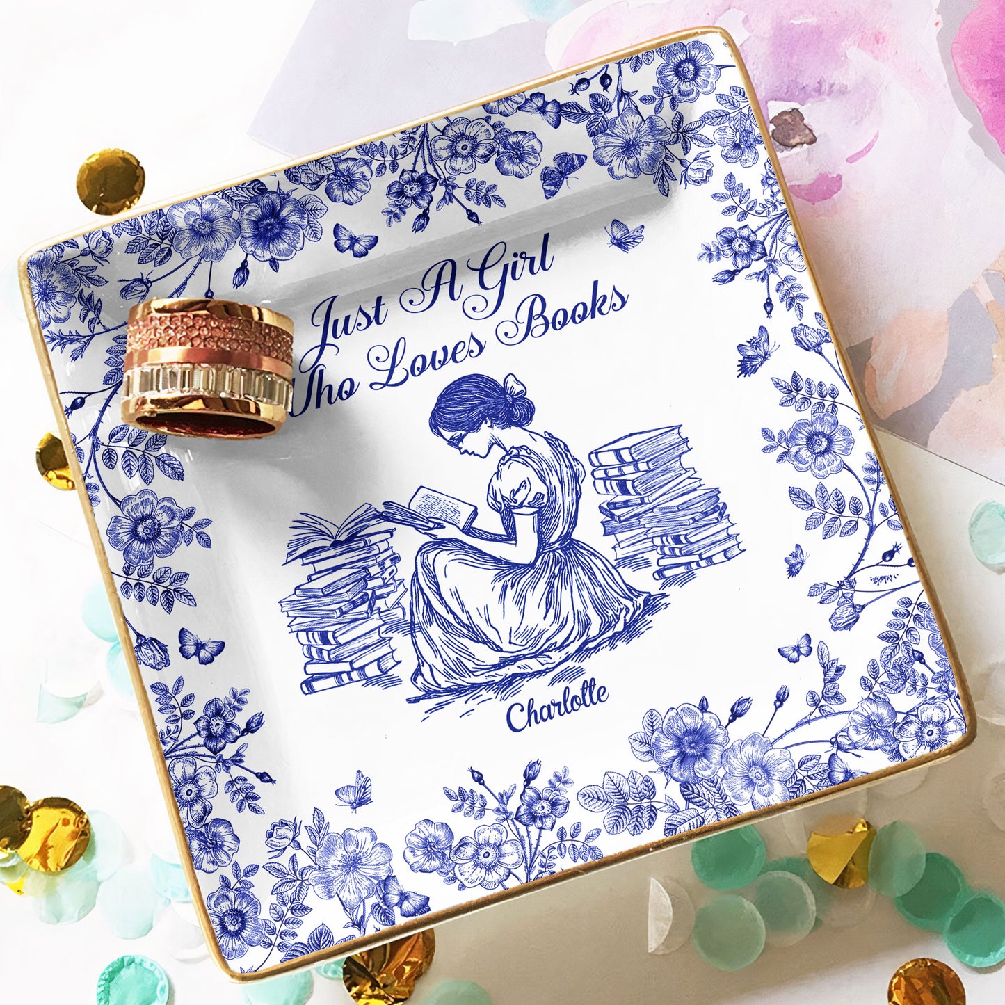 A Girl Who Loves Books Chinoiserie Toile De Jouy - Personalized Jewelry Dish