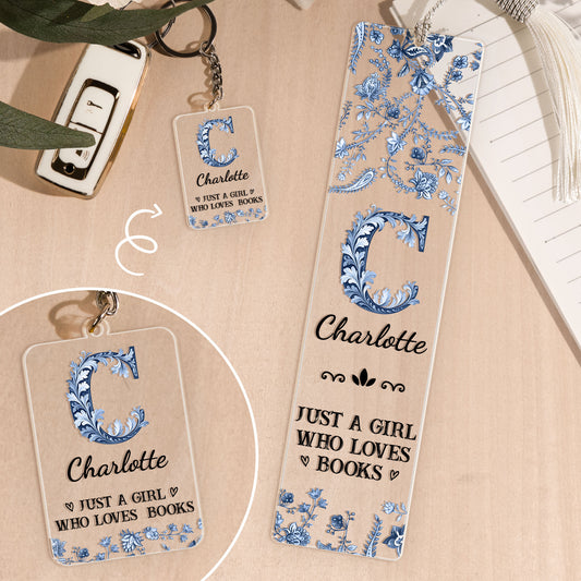 A Girl Who Loves Books Toile De Jouy - Personalized Acrylic Bookmark And Keychain Set
