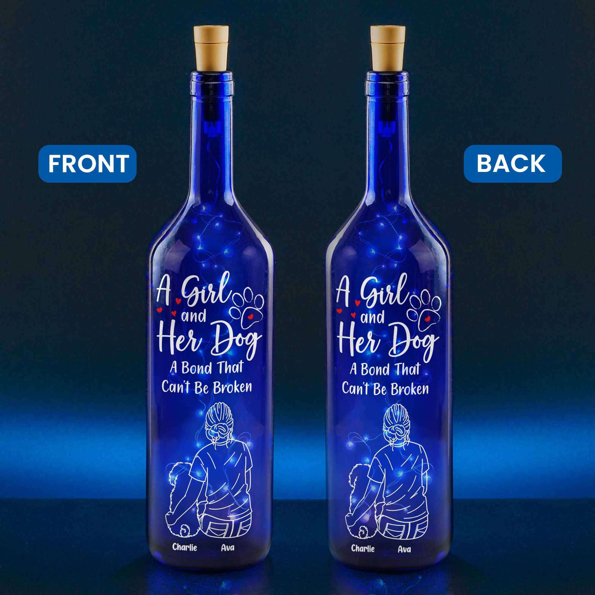 A Girl With Her Dog - Personalized Blue Bottle Lamp