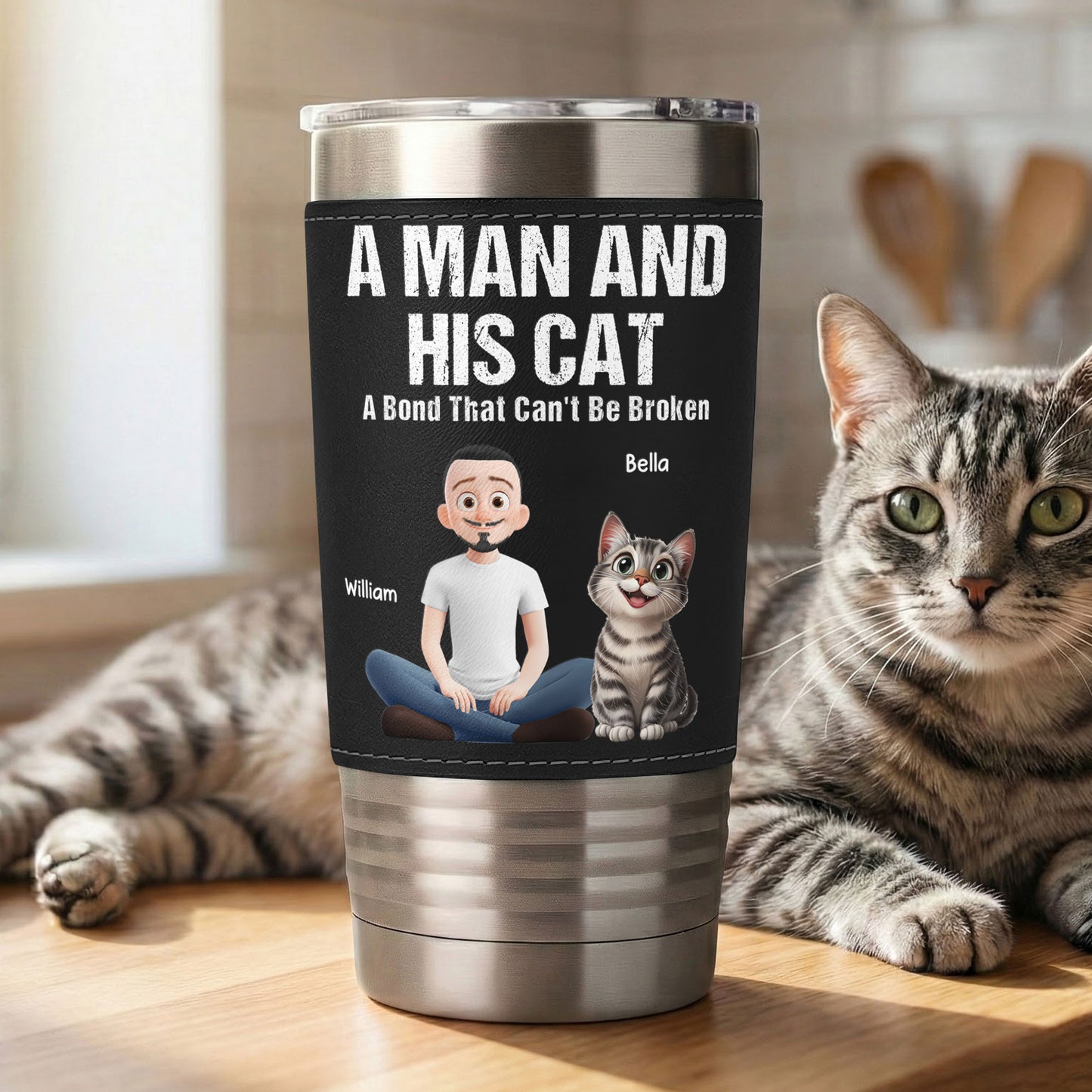 A Man And His Cat A Bond That Can't Be Broken - Personalized 20oz Leather Wrapped Tumbler