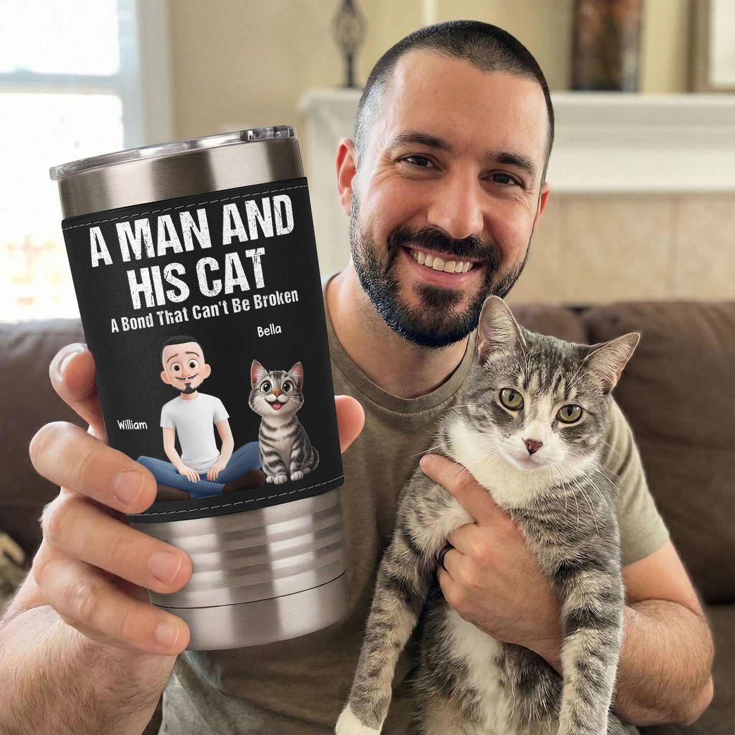 A Man And His Cat A Bond That Can't Be Broken - Personalized 20oz Leather Wrapped Tumbler