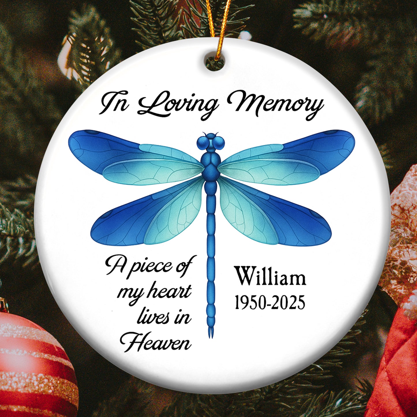 A Piece Of My Heart Lives In Heaven Dragonfly Sea Glass Style - Personalized Ceramic Ornament