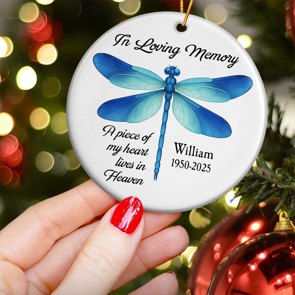 A Piece Of My Heart Lives In Heaven Dragonfly Sea Glass Style - Personalized Ceramic Ornament