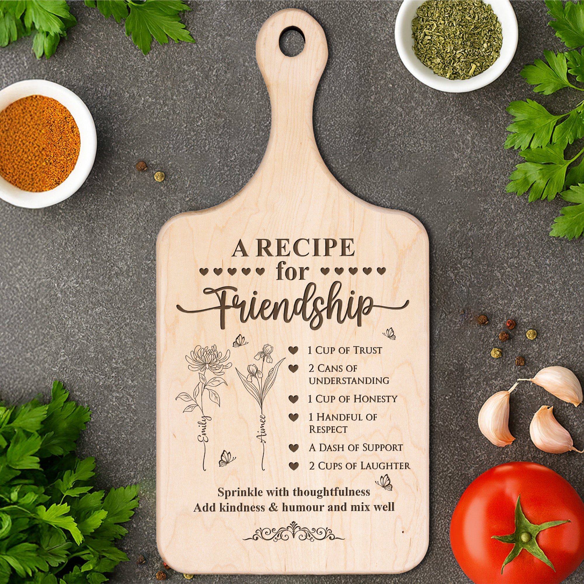 A Recipe For Friendship Custom Birth Flower - Personalized Paddle Cutting Board