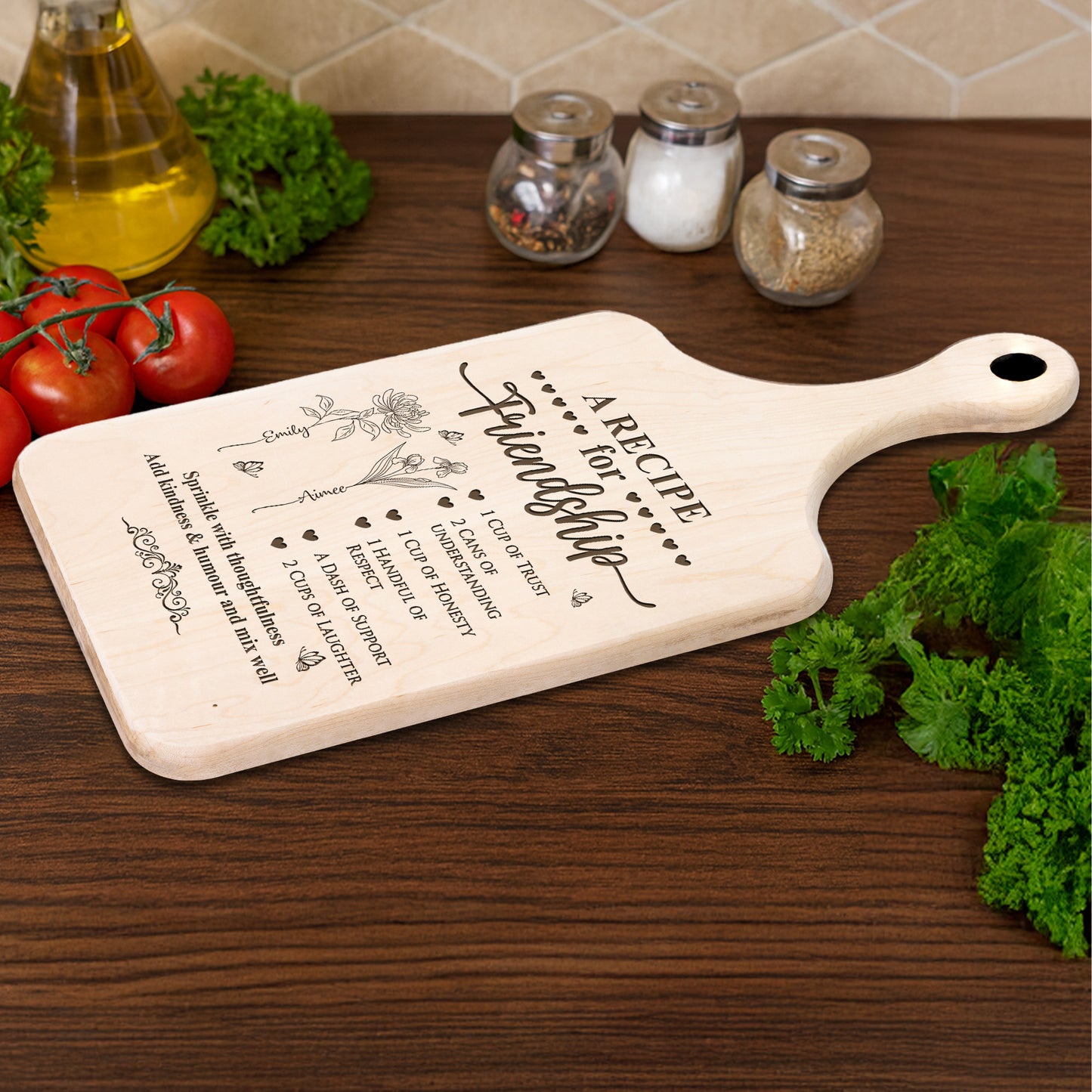 A Recipe For Friendship Custom Birth Flower - Personalized Paddle Cutting Board