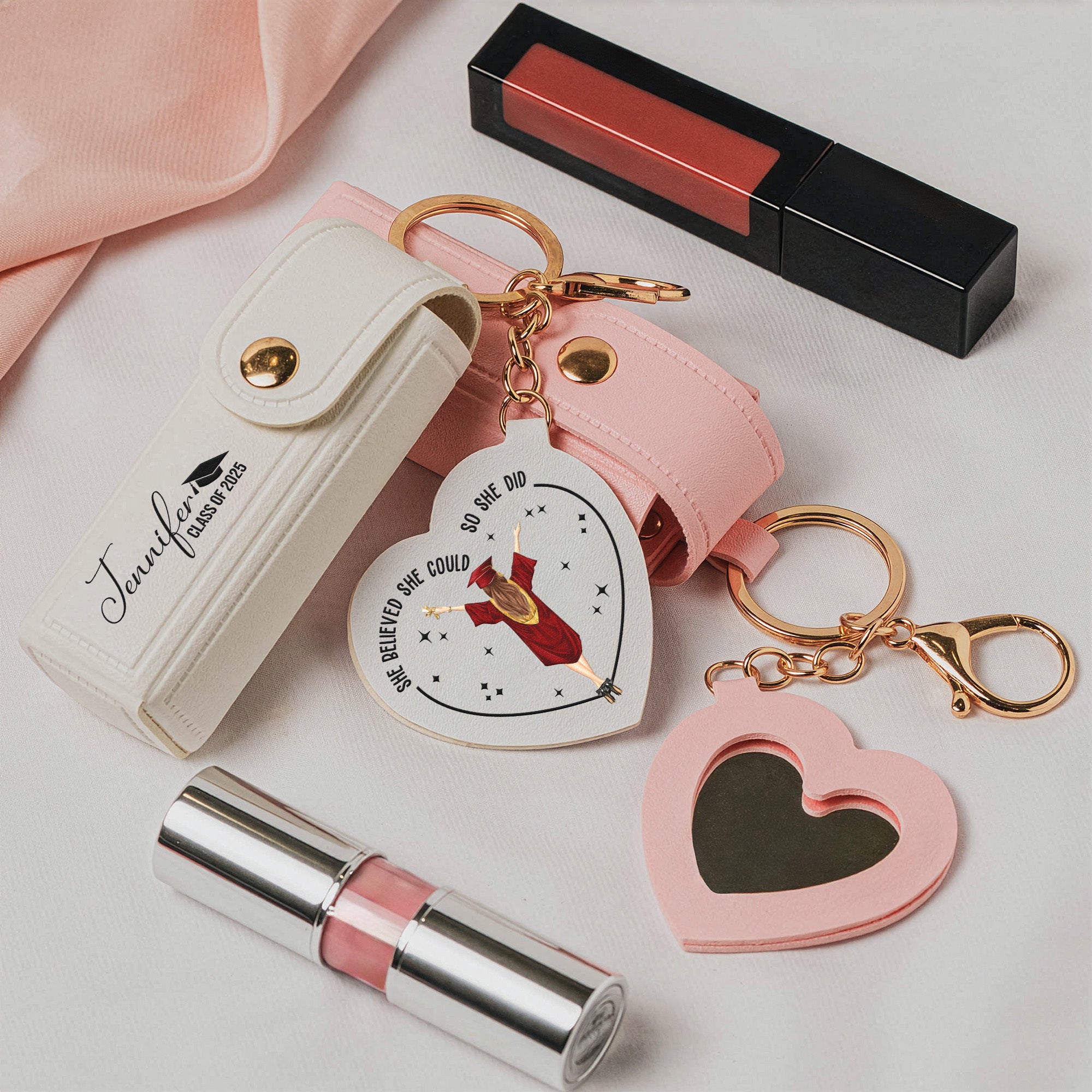 A Sweet Ending To A New Beginning Graduation Gifts - Personalized Leather Lipstick Case With Mirror Keychain