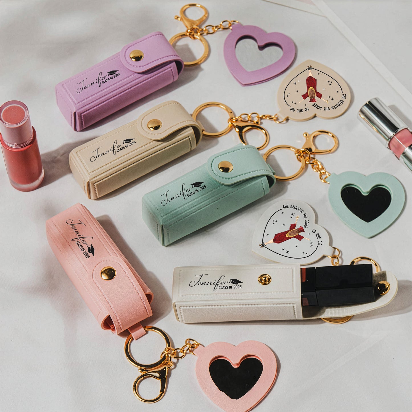 A Sweet Ending To A New Beginning Graduation Gifts - Personalized Leather Lipstick Case With Mirror Keychain