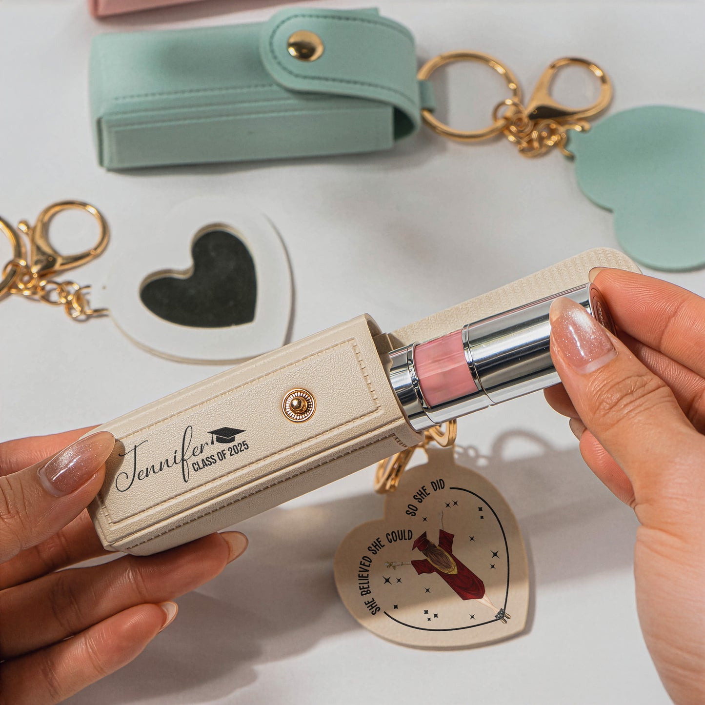 A Sweet Ending To A New Beginning Graduation Gifts - Personalized Leather Lipstick Case With Mirror Keychain