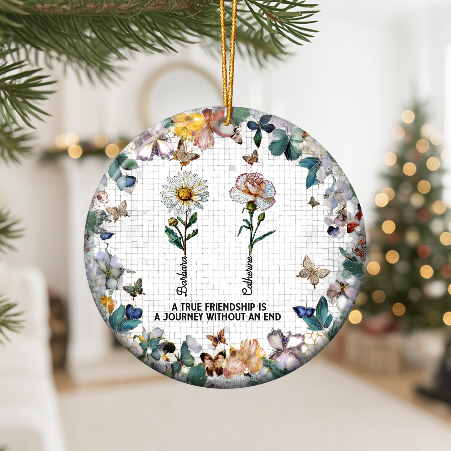 A True Friendship Is A Journey Birth Flowers Mosaic Style - Personalized Ceramic Ornament