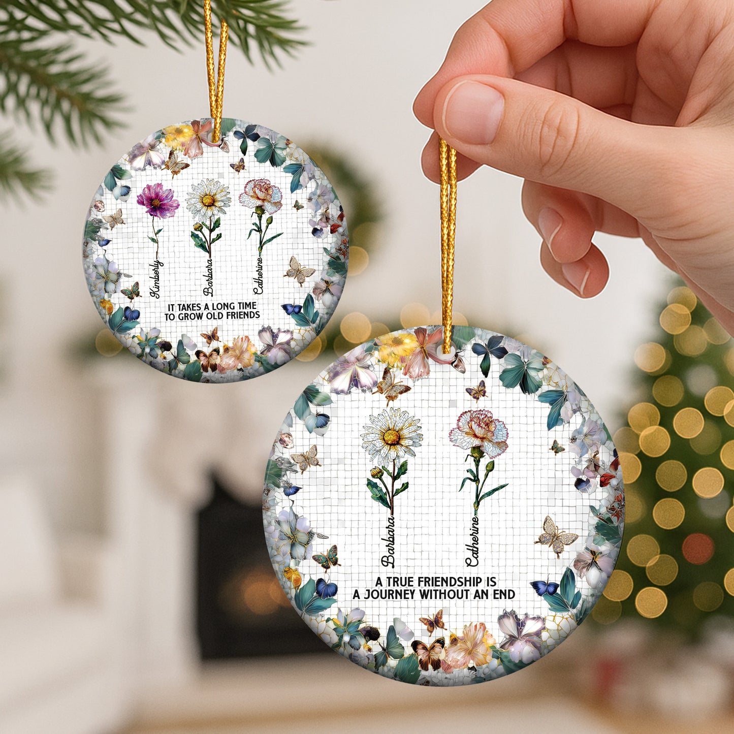 A True Friendship Is A Journey Birth Flowers Mosaic Style - Personalized Ceramic Ornament