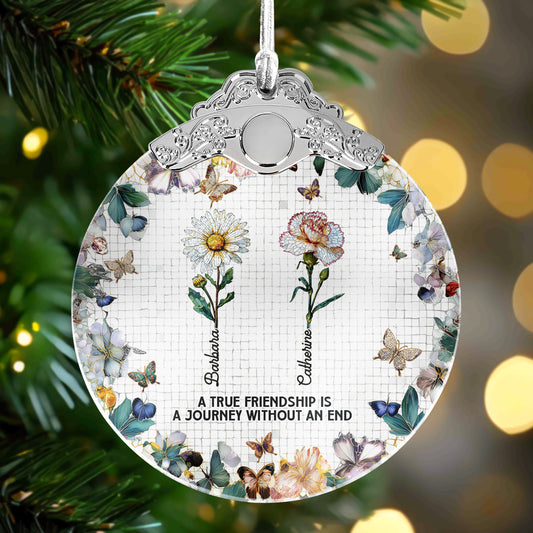 A True Friendship Is A Journey Mosaic Birth Flowers - Personalized Glass Ornament With Silver Cap
