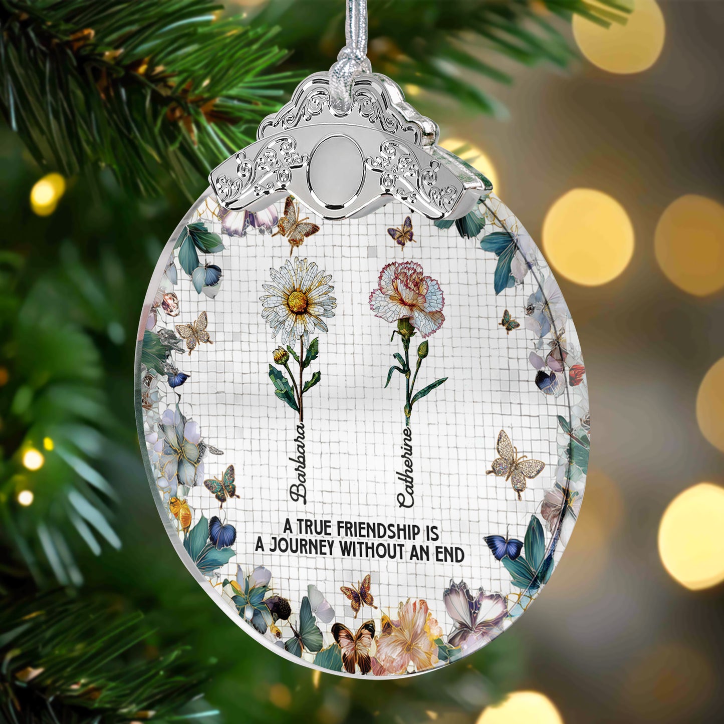 A True Friendship Is A Journey Mosaic Birth Flowers - Personalized Glass Ornament With Silver Cap