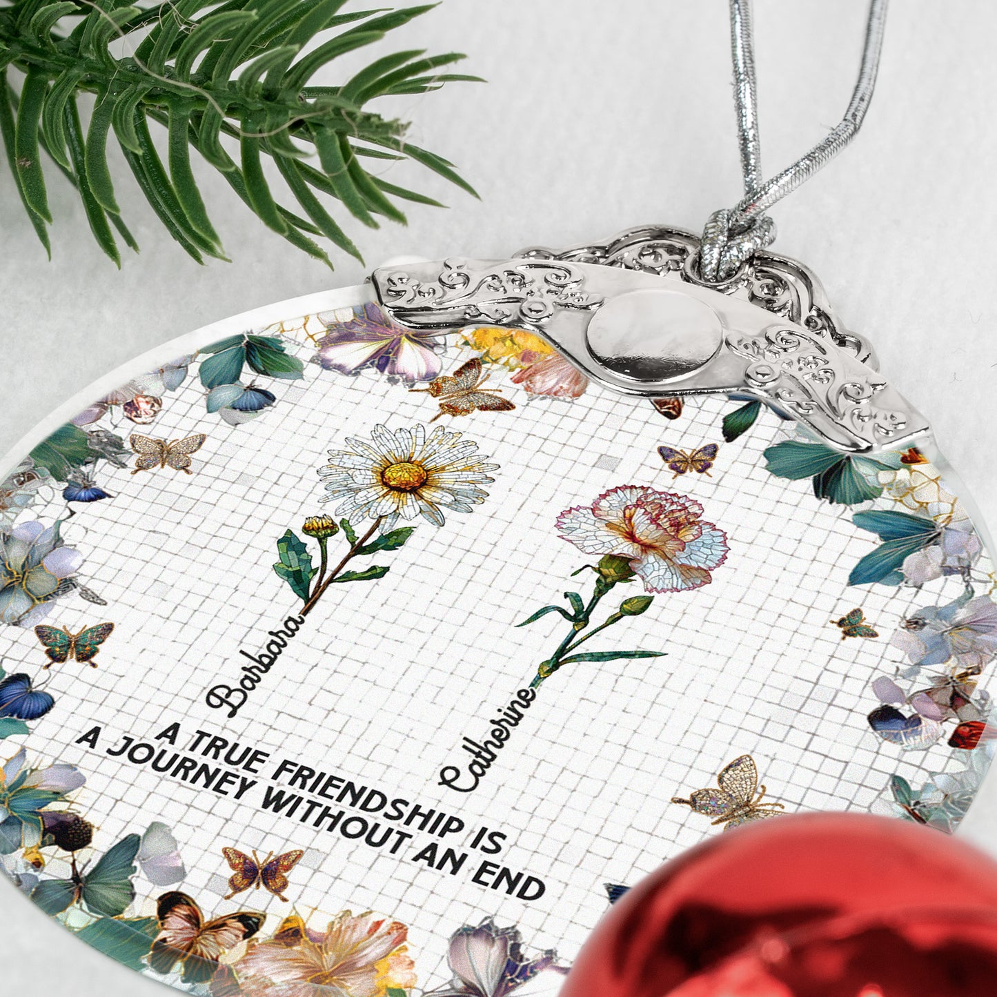 A True Friendship Is A Journey Mosaic Birth Flowers - Personalized Glass Ornament With Silver Cap