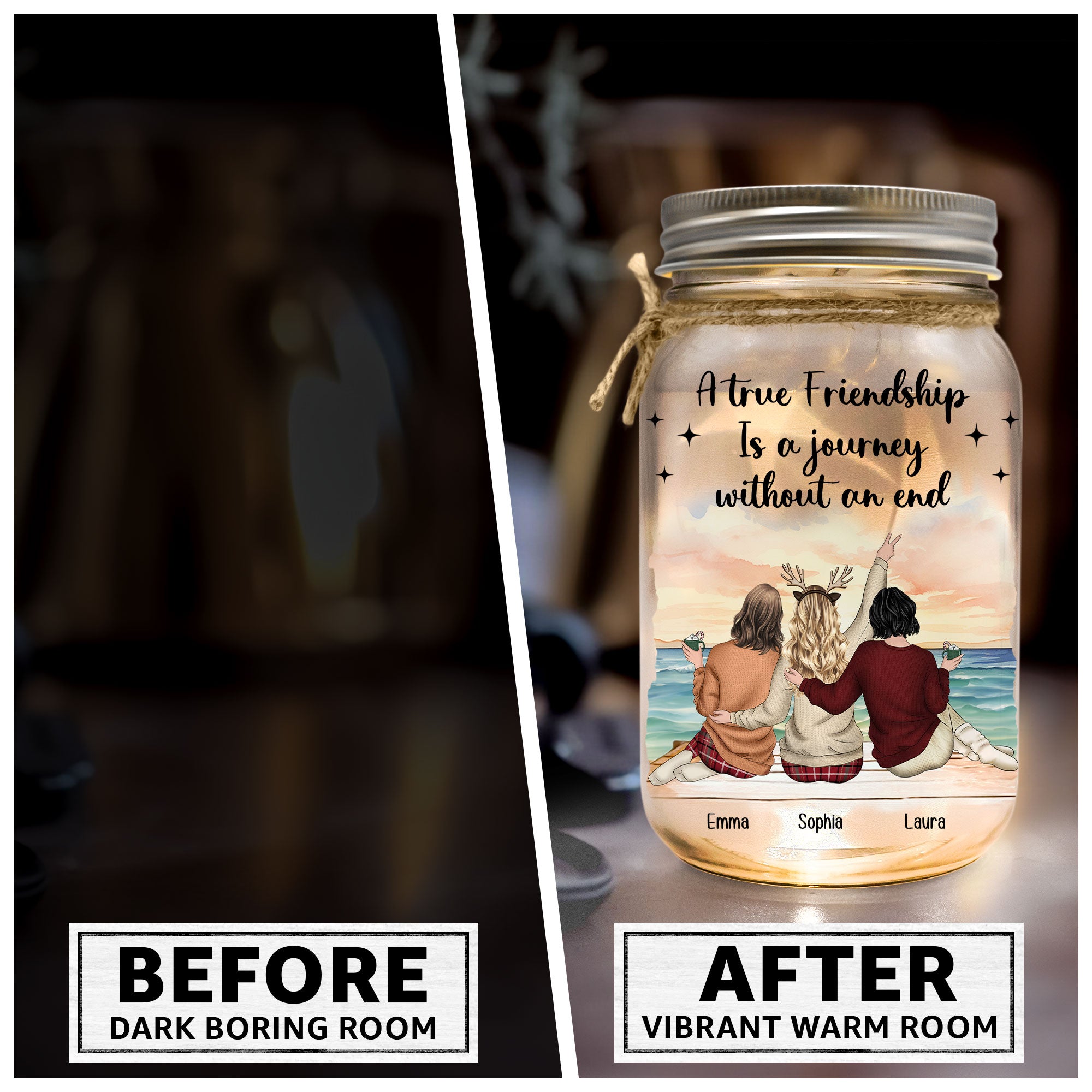 A True Friendship Is A Journey Without An End - Personalized Mason Jar Light