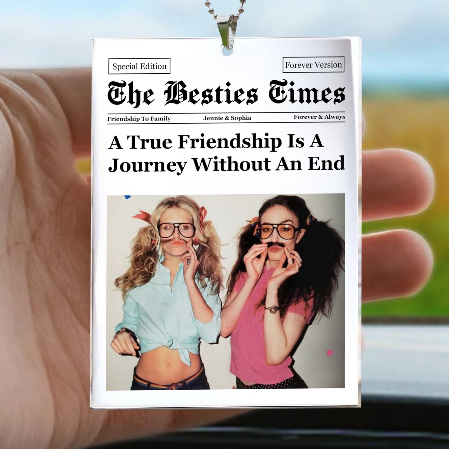 A True Friendship Is A Journey Without An End - Personalized Photo Rear View Mirror Accessory