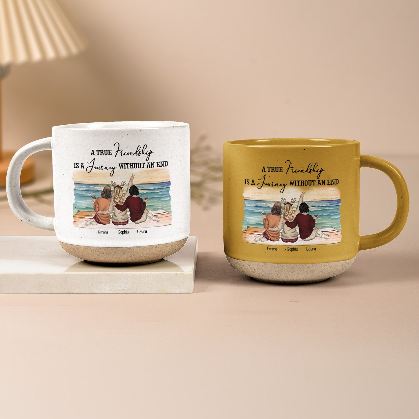 A True Friendship Is A Journey Without An End - Personalized Pottery Mug