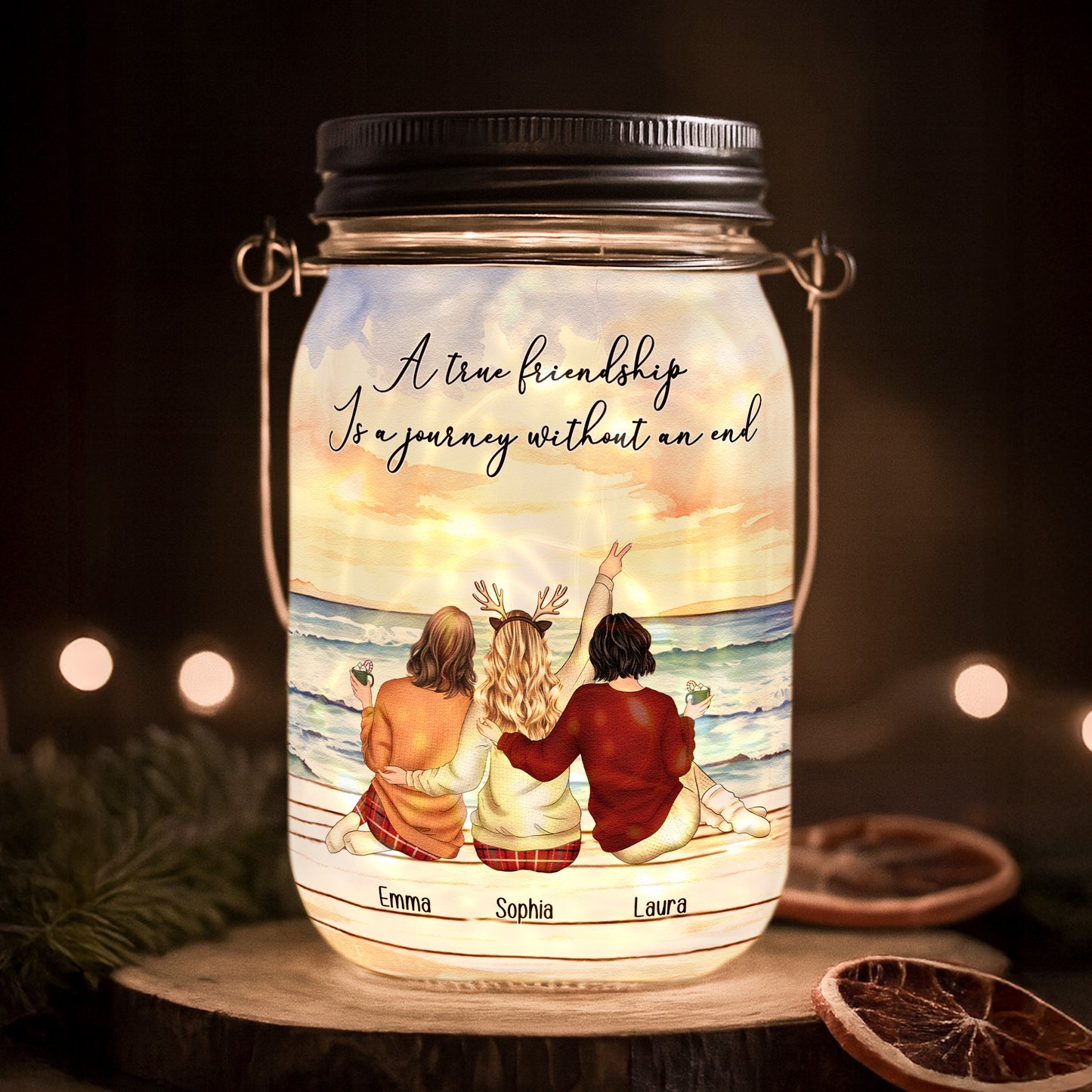 A True Friendship Is A Journey Without An End - Personalized Solar Mason Jar Light