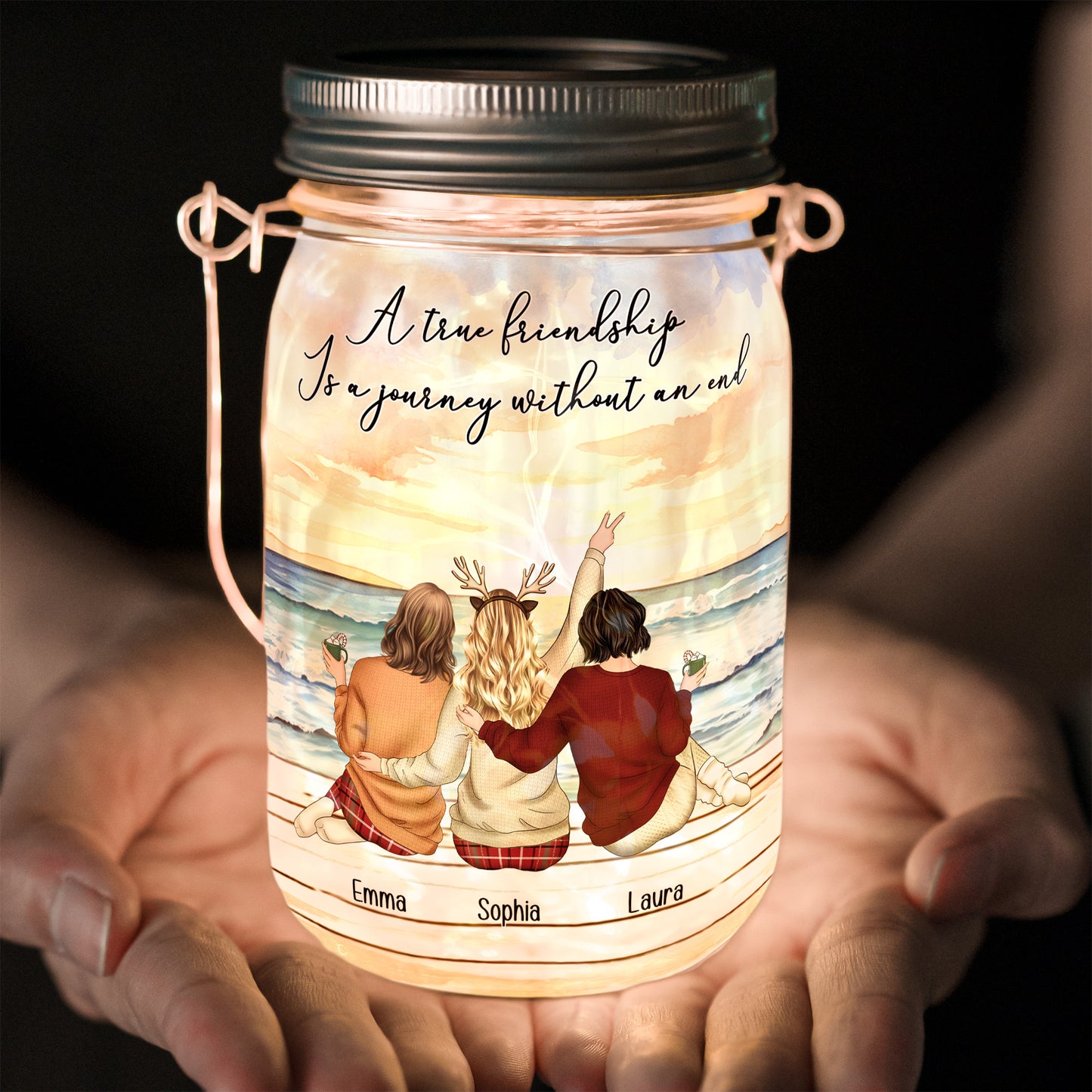 A True Friendship Is A Journey Without An End - Personalized Solar Mason Jar Light