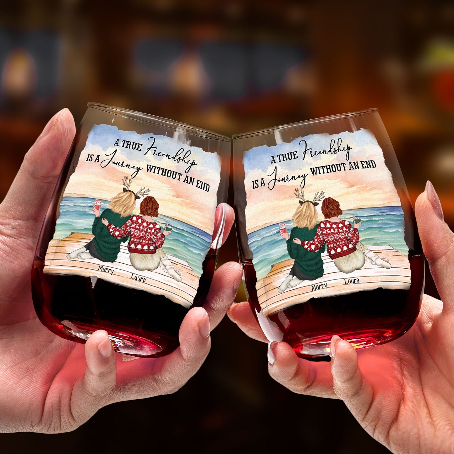 A True Friendship Is A Journey Without An End - Personalized Stemless Wine Glass