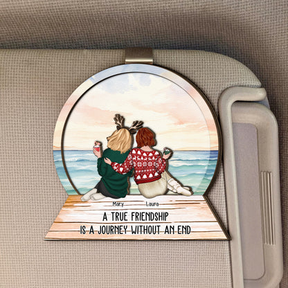 A True Friendship Is A Journey Without An End - Personalized Wooden Car Visor Clip