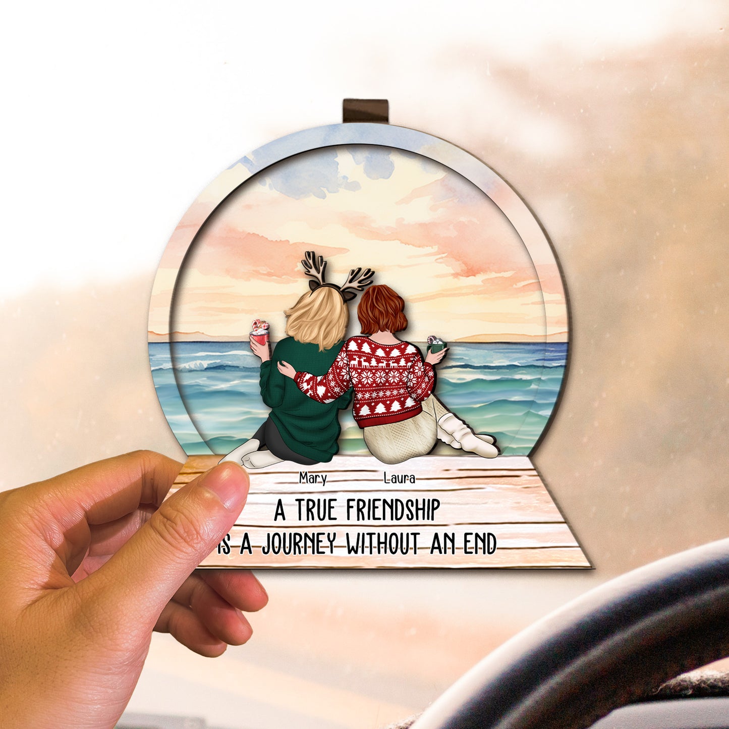 A True Friendship Is A Journey Without An End - Personalized Wooden Car Visor Clip