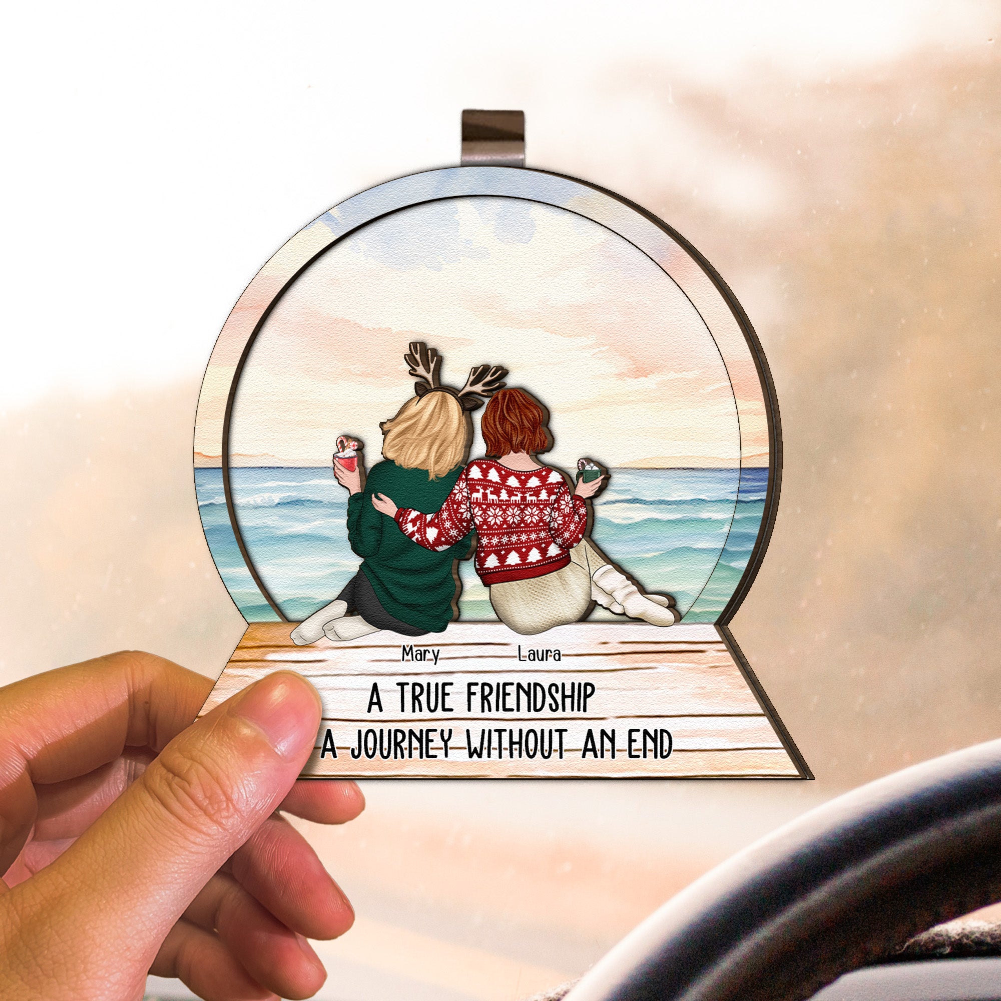 A True Friendship Is A Journey Without An End - Personalized Wooden Car Visor Clip