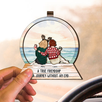 A True Friendship Is A Journey Without An End - Personalized Wooden Car Visor Clip