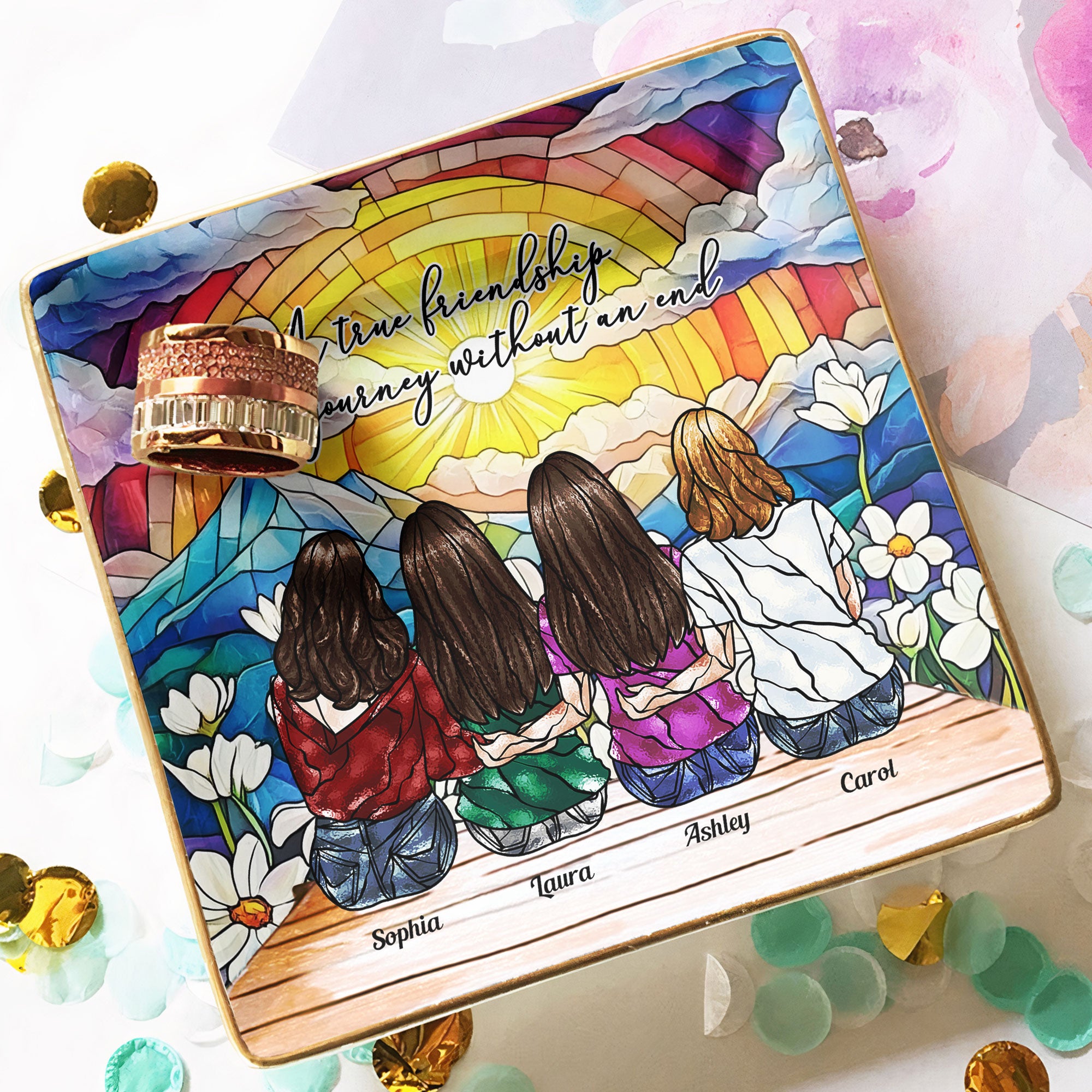 A True Friendship Is A Journey Without An End Stained Glass Style - Personalized Jewelry Dish