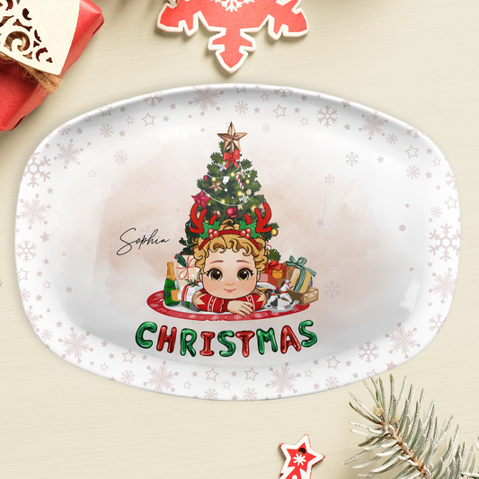 Adorable Kid With Christmas Tree - Personalized Platter