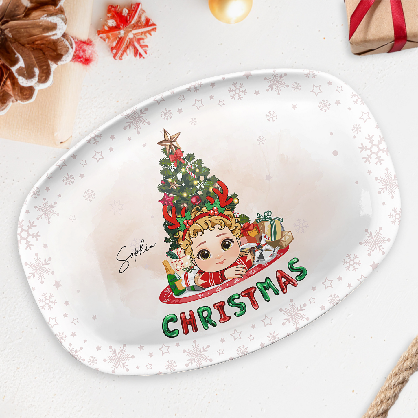 Adorable Kid With Christmas Tree - Personalized Platter