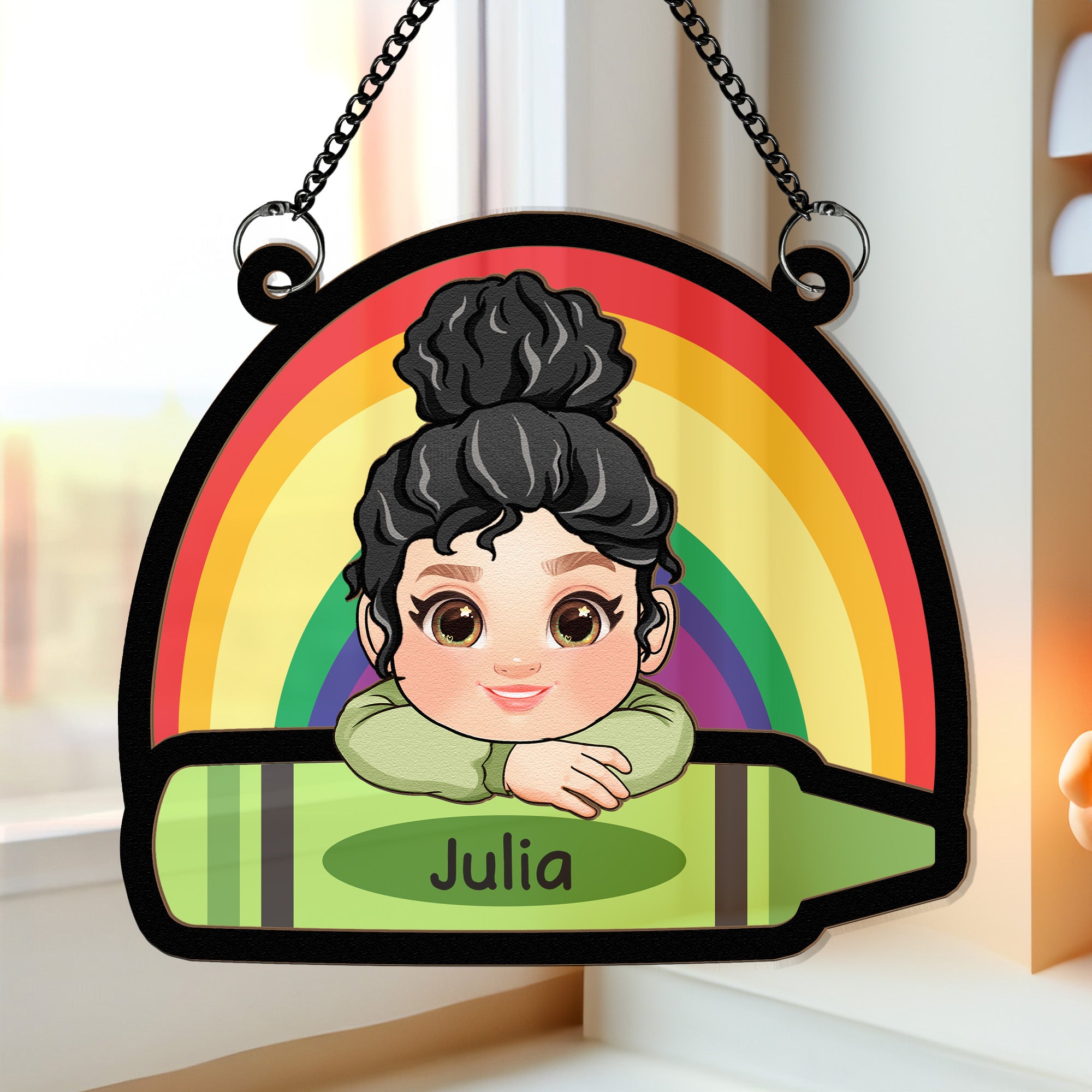 Adorable Kid With Colorful Crayons - Personalized Window Hanging Suncatcher Ornament