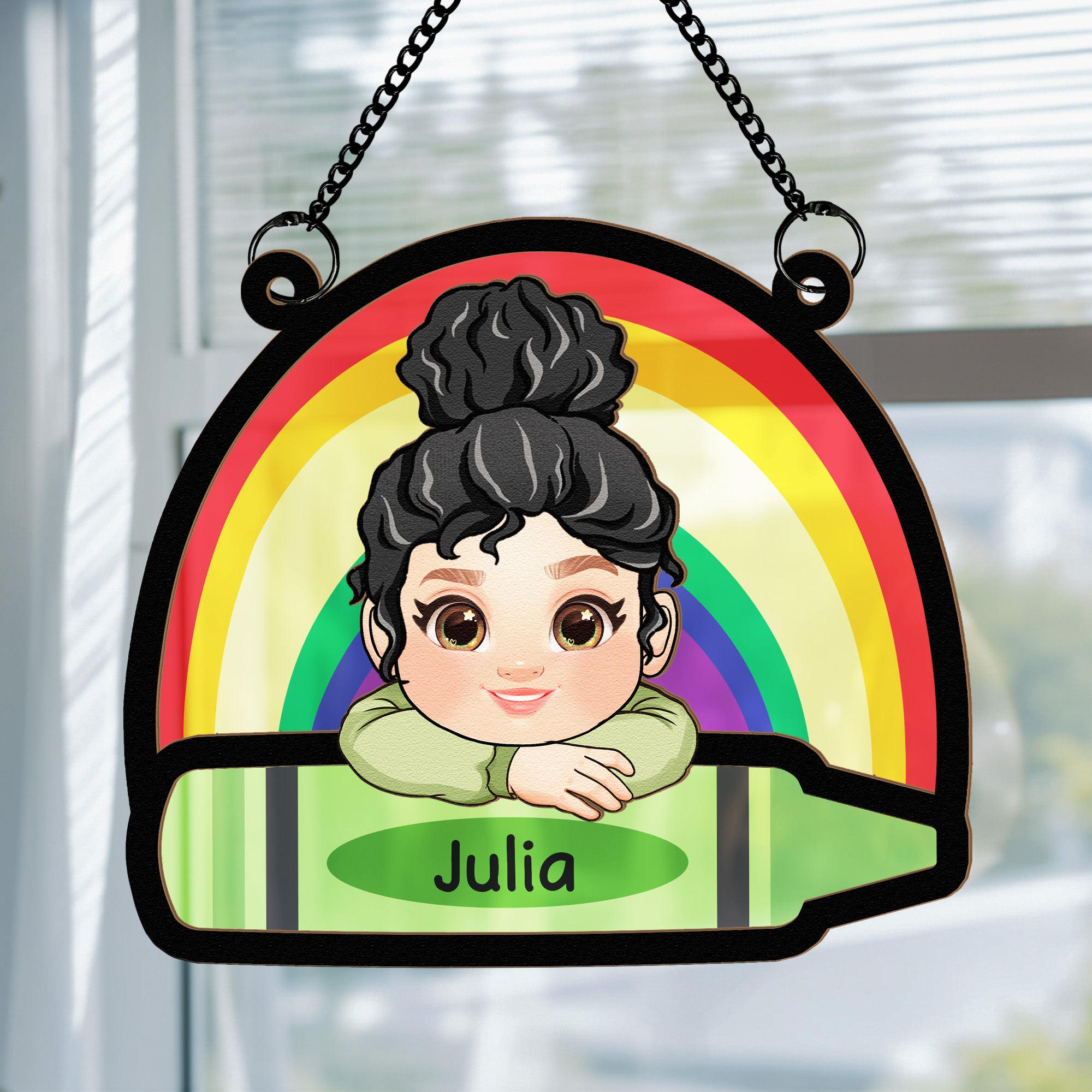 Adorable Kid With Colorful Crayons - Personalized Window Hanging Suncatcher Ornament