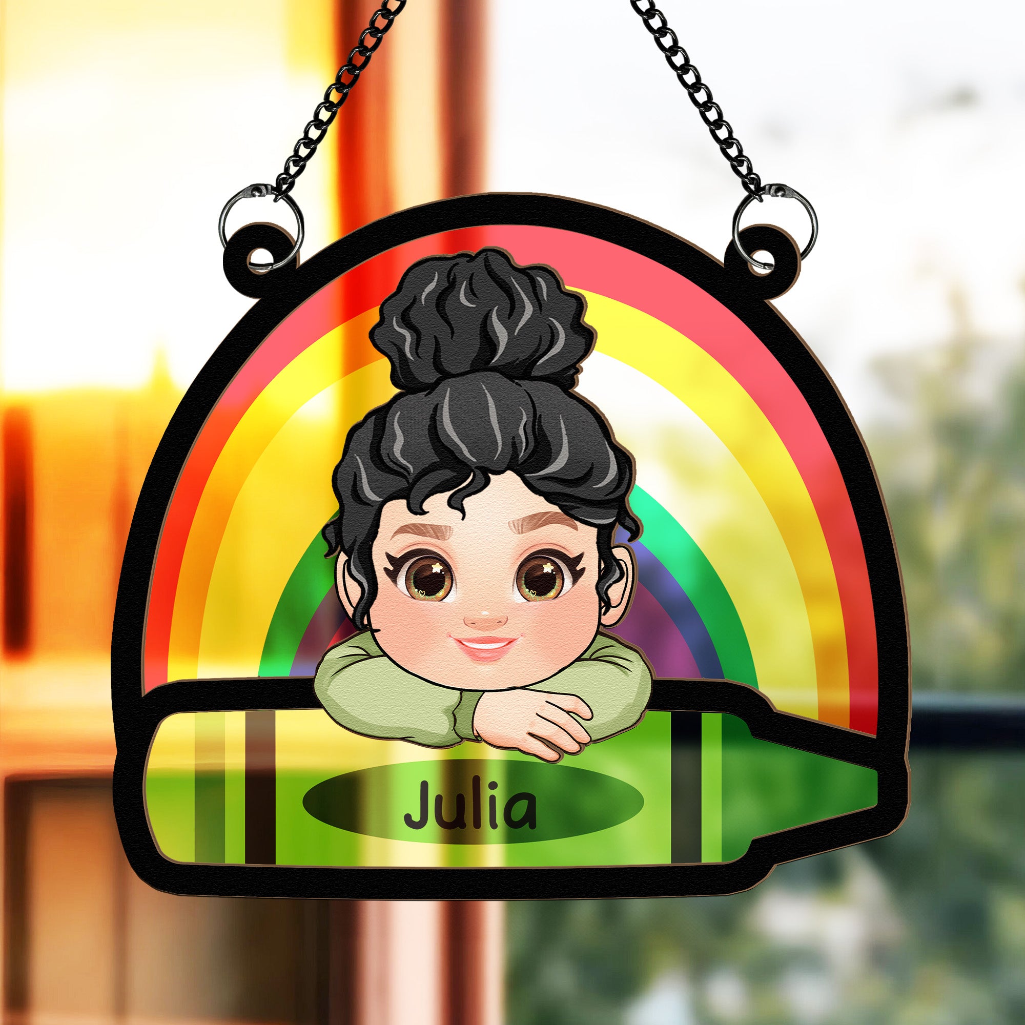 Adorable Kid With Colorful Crayons - Personalized Window Hanging Suncatcher Ornament