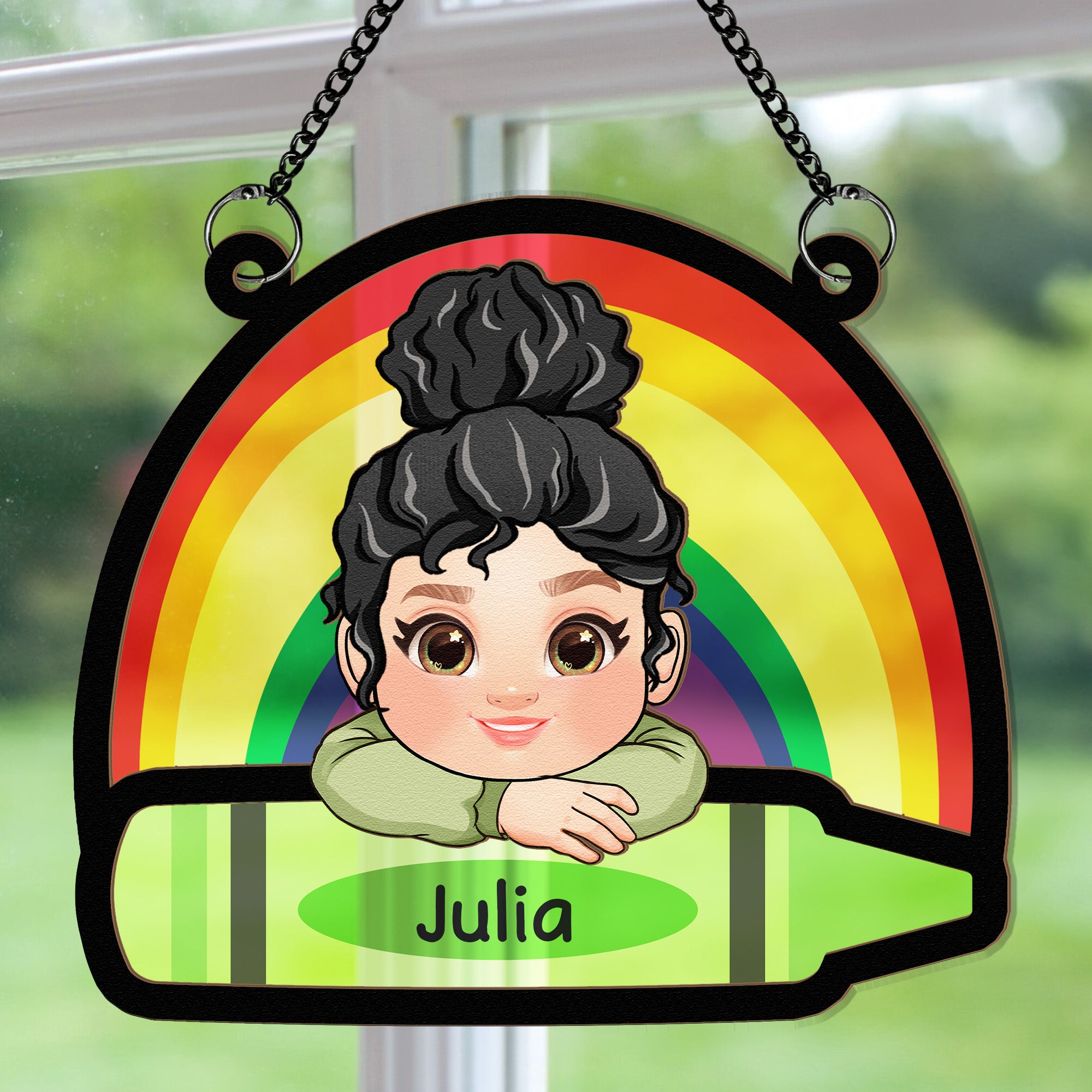 Adorable Kid With Colorful Crayons - Personalized Window Hanging Suncatcher Ornament